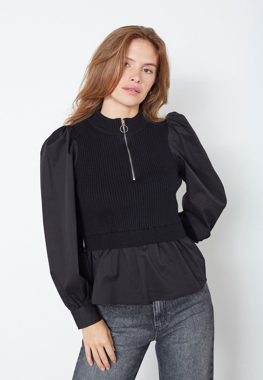 Co´Couture - Elisabethcc Mix Zip Knit 32192 - 96 - Black Strikbluser