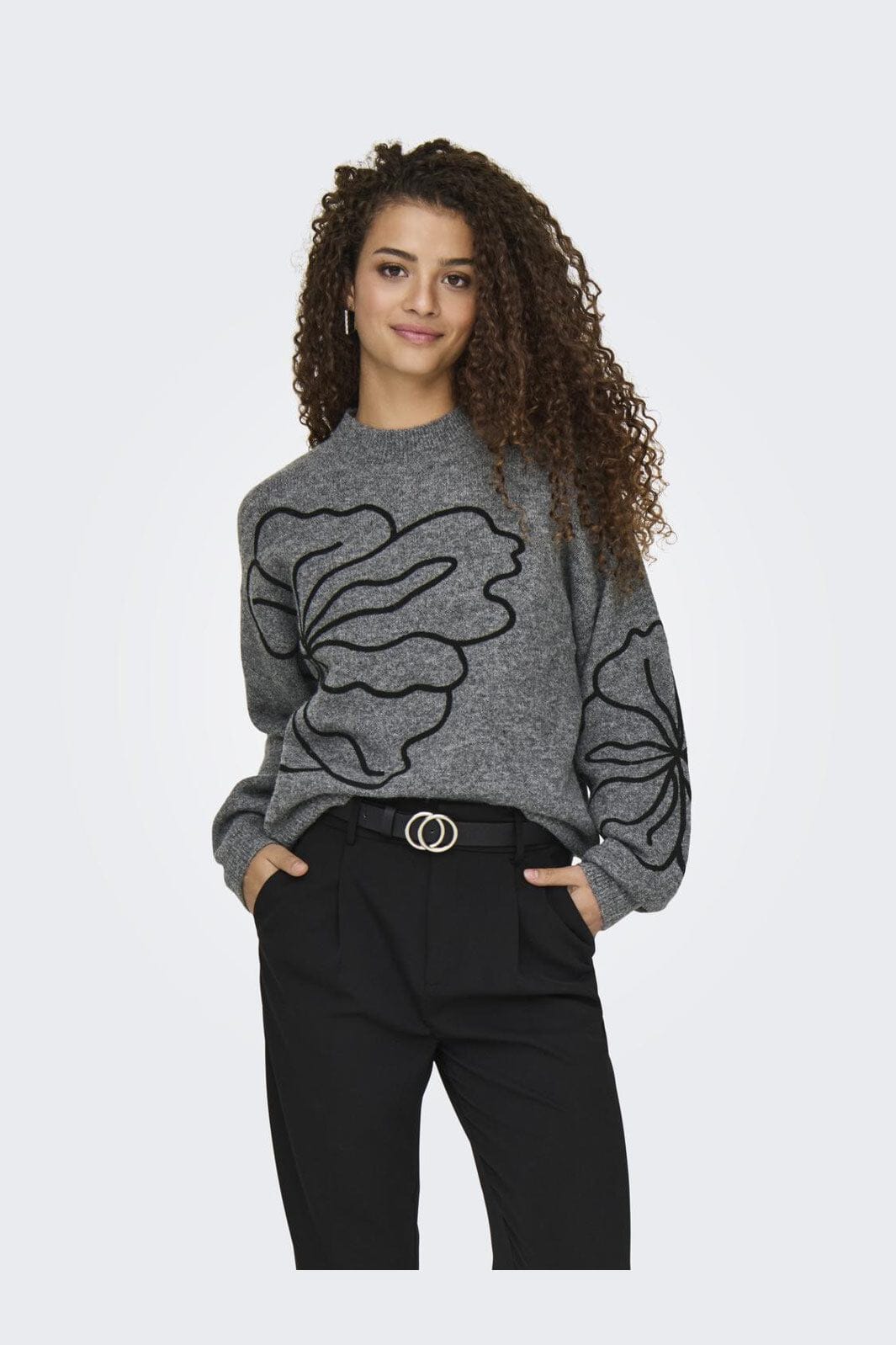 JDY - Jdyjella L/S Flower Pullover Knt - 4769595 Dark Grey Melange