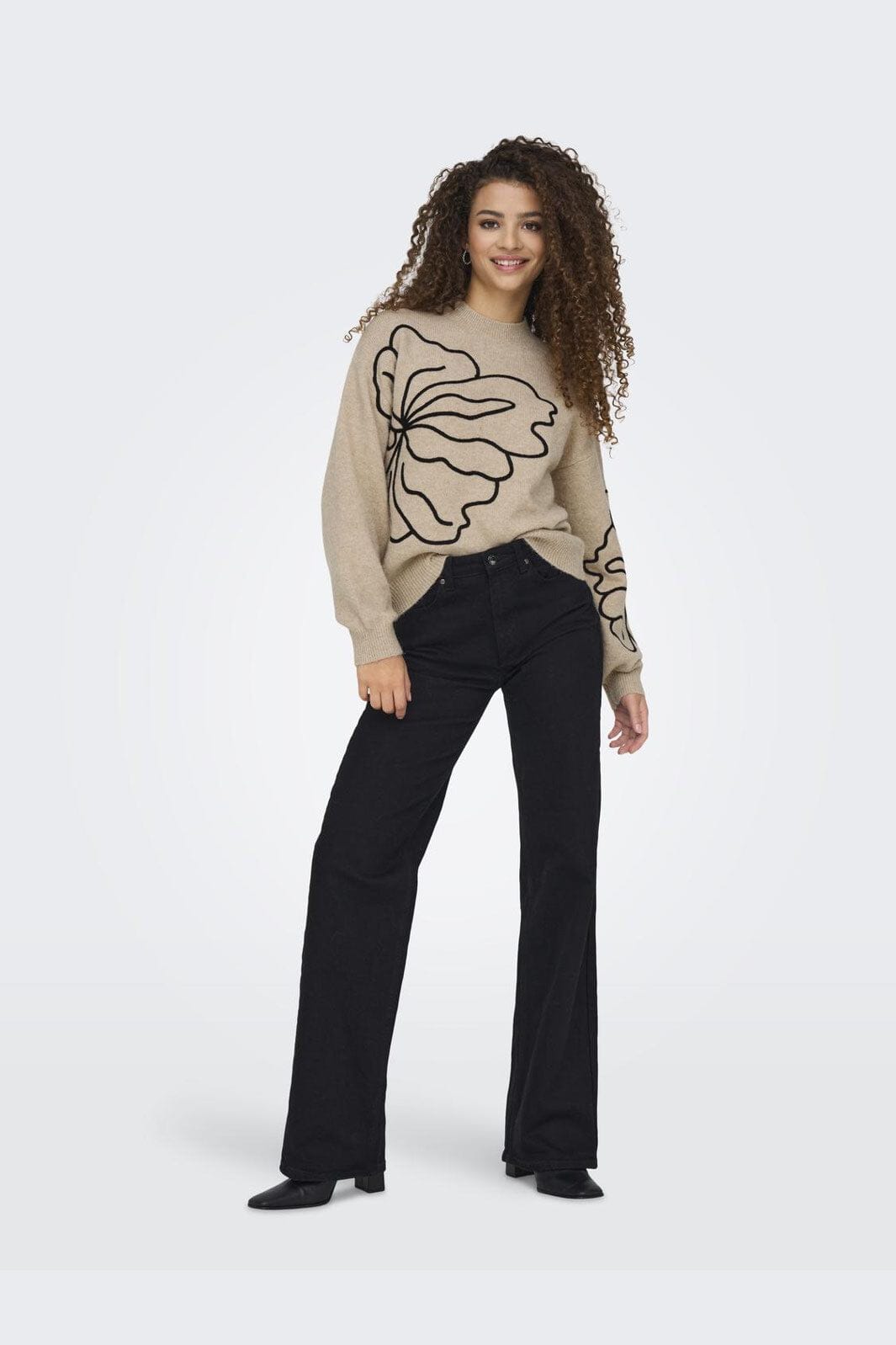 JDY - Jdyjella L/S Flower Pullover Knt - 4769601 Cement Melange