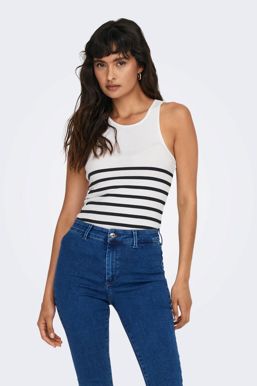 Only - Onlkenya Rib Stripe Tank Top - 4452882 Bright White Black Toppe