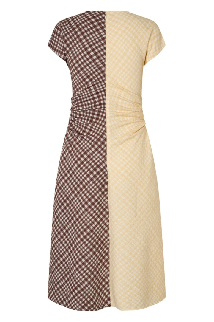 Stine Goya - 2118 Checkered Jersey, Ruched Waist Midi Dresssg-aw25-d156-2118 - Brown And Yellow Checks