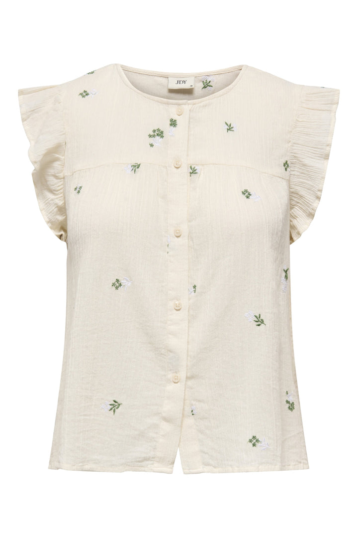 JDY - Jdyalba S/L Frill Shirt - 4941525 Cloud Dancer Embroidery