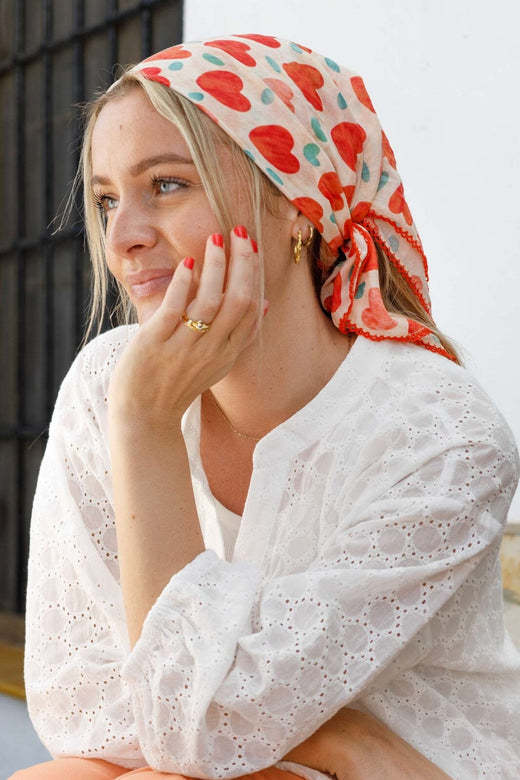 Black Colour - Bcsalmaya Cotton Mini Scarf 3629 - Red Hearts