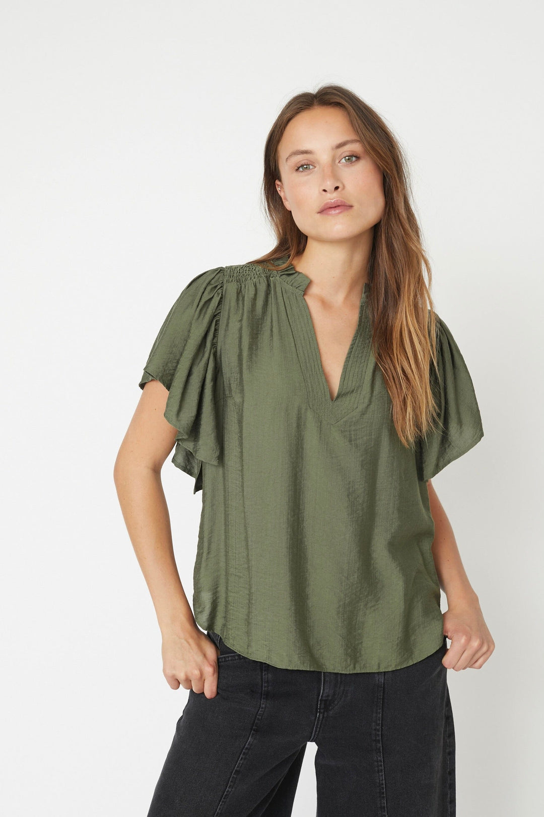 Co´Couture - Heracc Ss Frill Top 35703 - 7555 - Army Bluser 