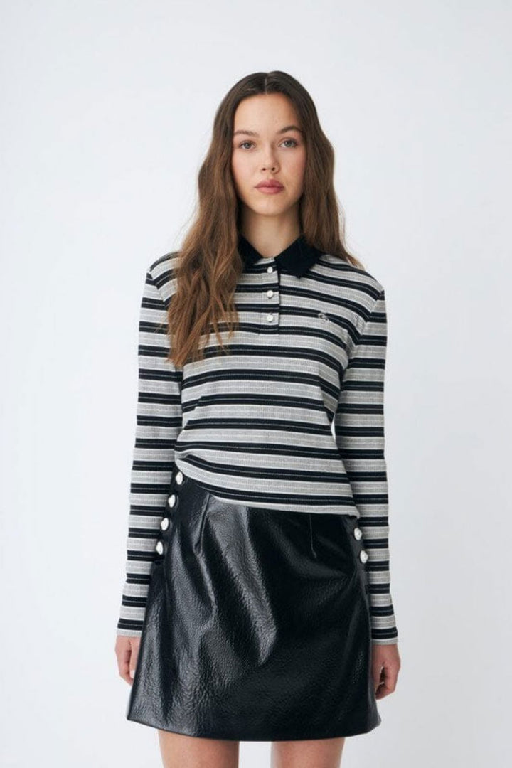 Cras - Leslie Polo Blouse C570 - 8136 Grey Black Stripe Bluser 