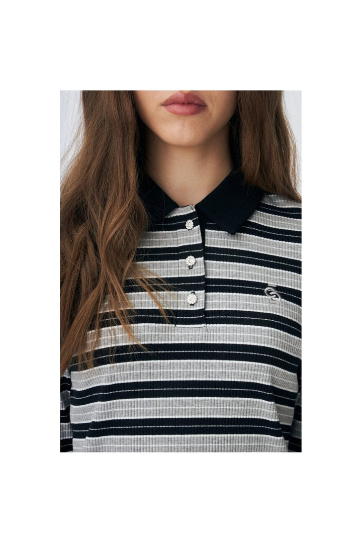 Cras - Leslie Polo Blouse C570 - 8136 Grey Black Stripe