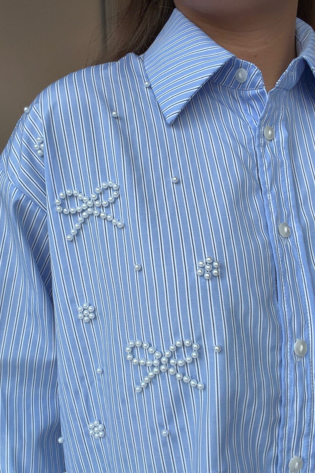 Dear Molly - Pearl Bow Shirt 160786C - Blue W.black Strip Bluser 