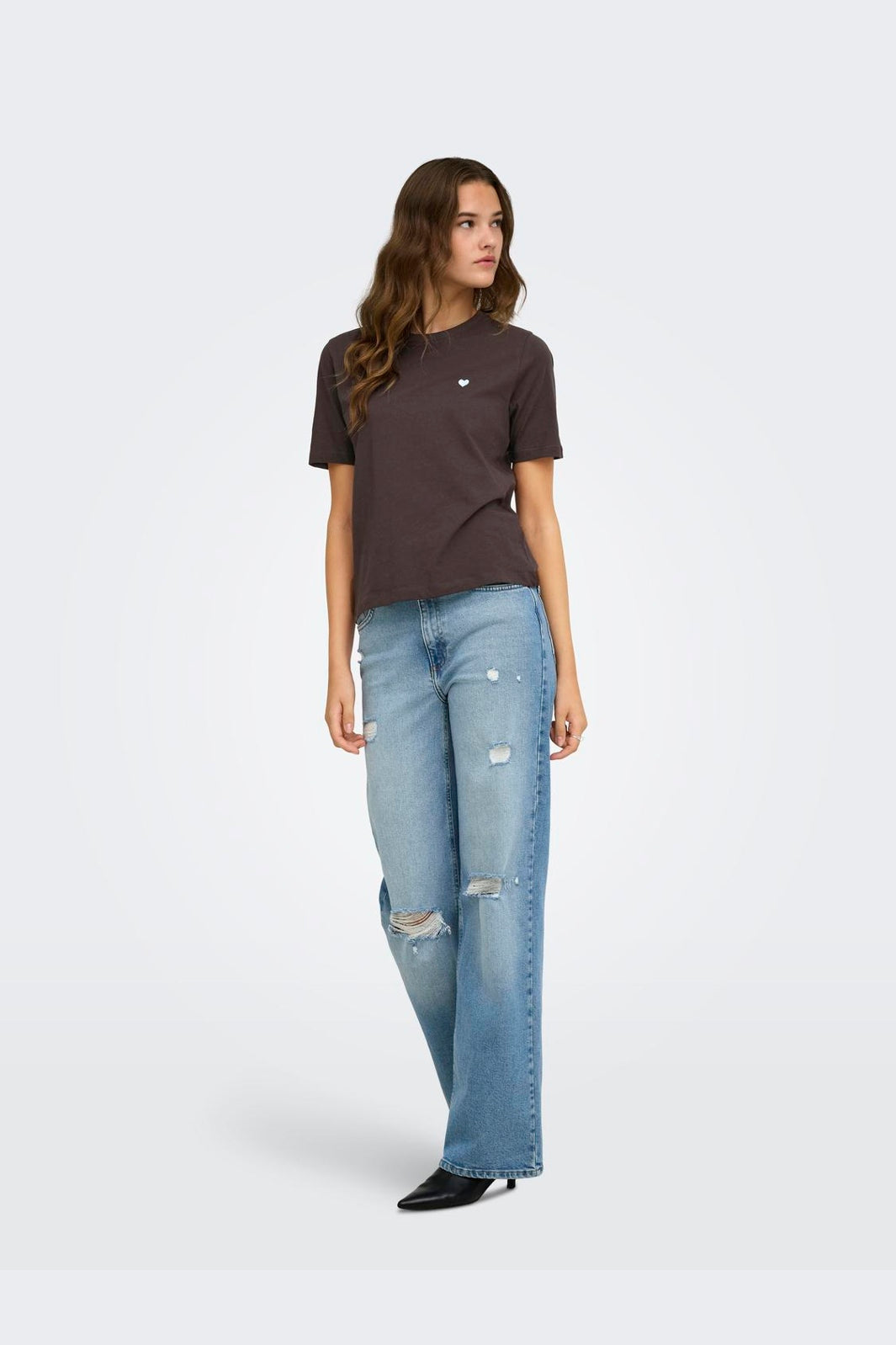 Only - Onlhappy S/S Emb Top - 5204457 Coffee Bean Chambray Heart