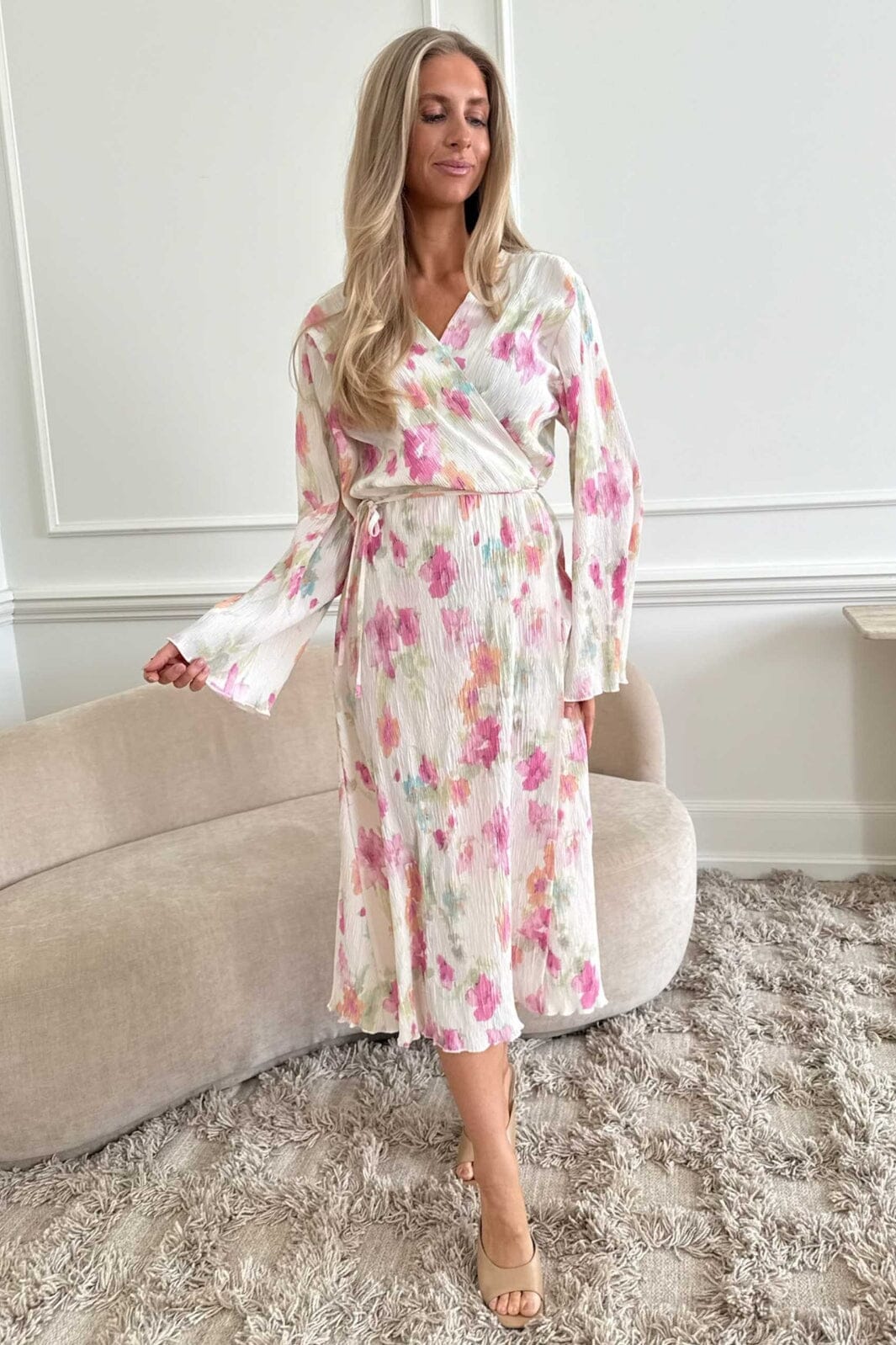 BYIC - Ofeliaic Long Wrap Dress A23640 - Pink Flower Blush Print