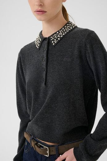 Gestuz - Gzmanzi Deco Polo Pullover 10910778 - 106530 - Deep Graphite Melange Strikbluser 