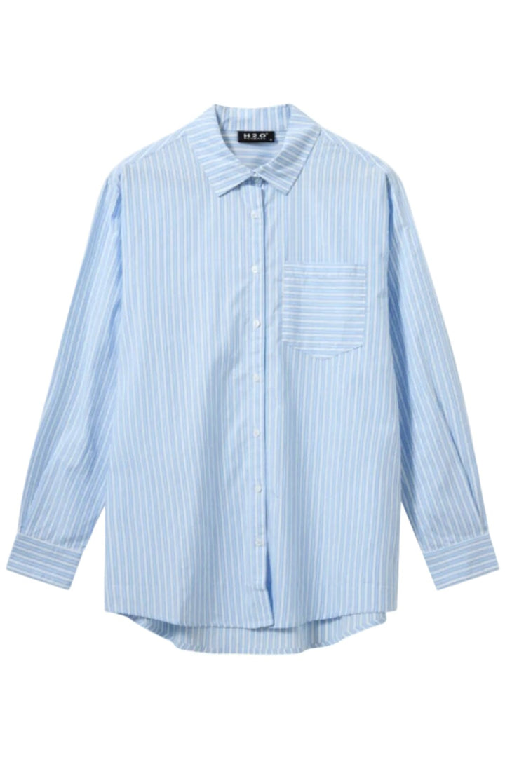 H2O - Rønne Essential Pajamas Shirt L/S 101018-1 - 7092 - Light Blue/White Skjorter 