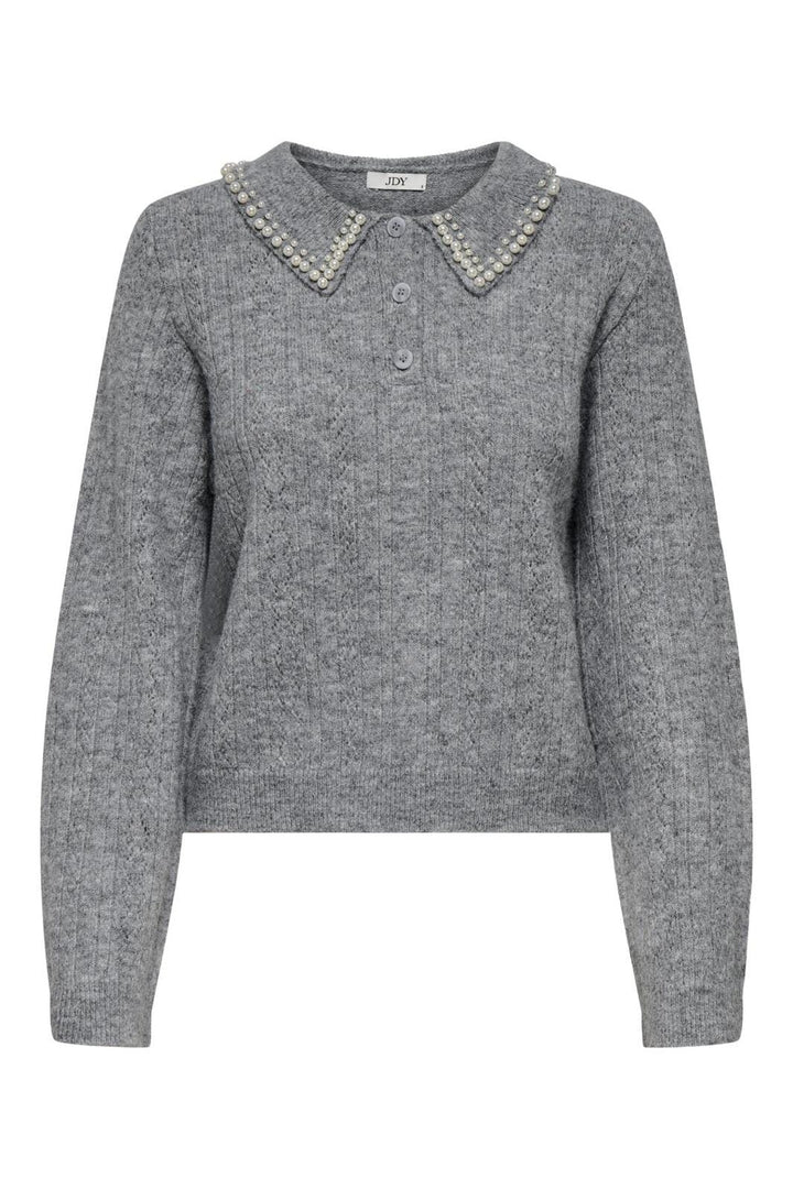JDY - Jdyapril Life L/S Pearl Collar Pull Knt - 4815055 Medium Grey Melange White Pearls