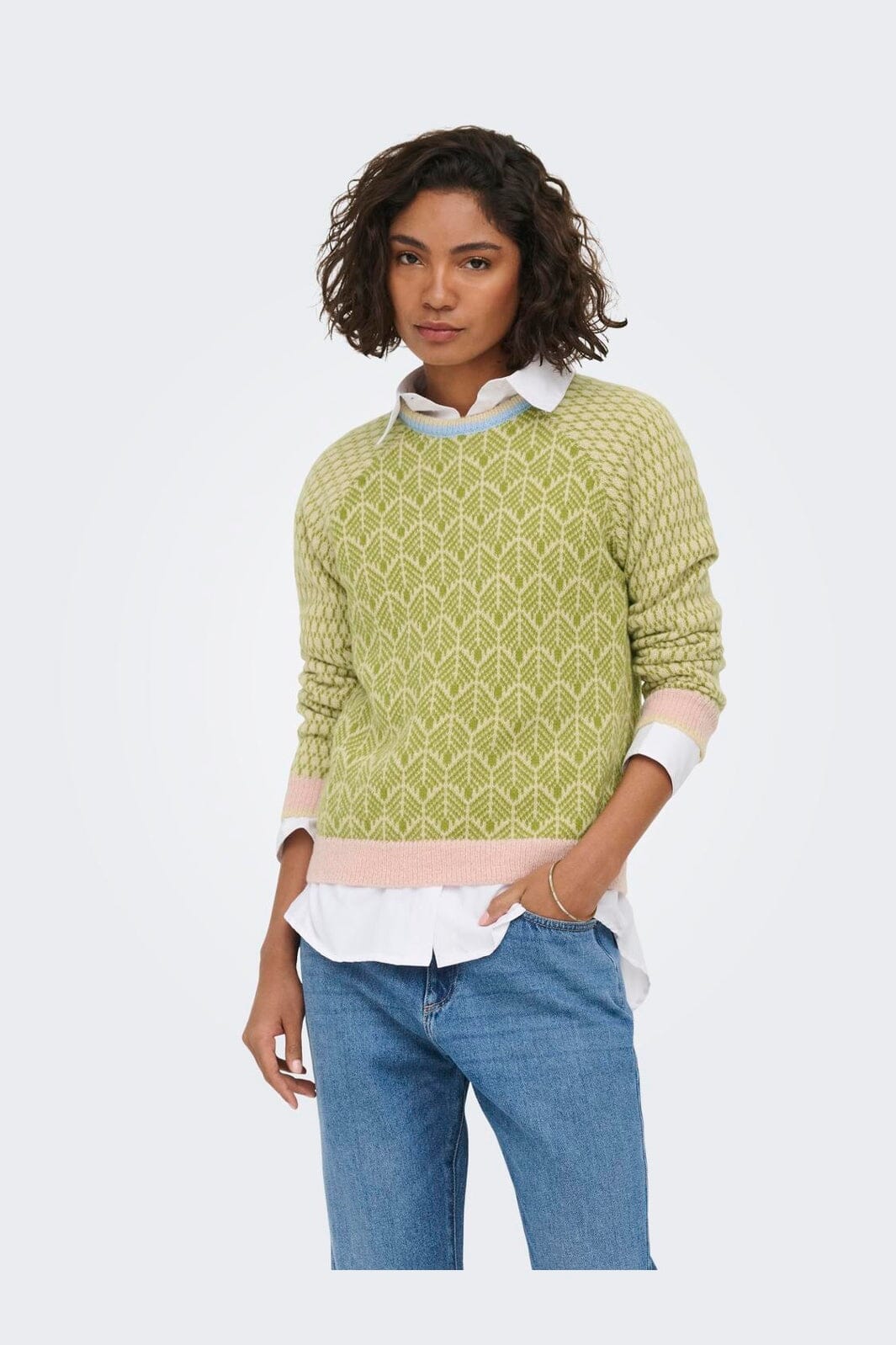 JDY - Jdybryn Life L/S Oneck Jacq Pullover Knt - 5049952 Crème Brûlée W. Woodbine/ Peachskin/ Open Air Jacq.
