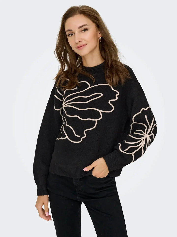 JDY - Jdyjella L/S Flower Pullover Knt - 4907427 Black W. Cement Strikbluser 