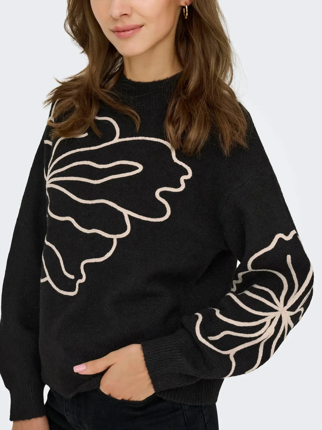 JDY - Jdyjella L/S Flower Pullover Knt - 4907427 Black W. Cement Strikbluser 