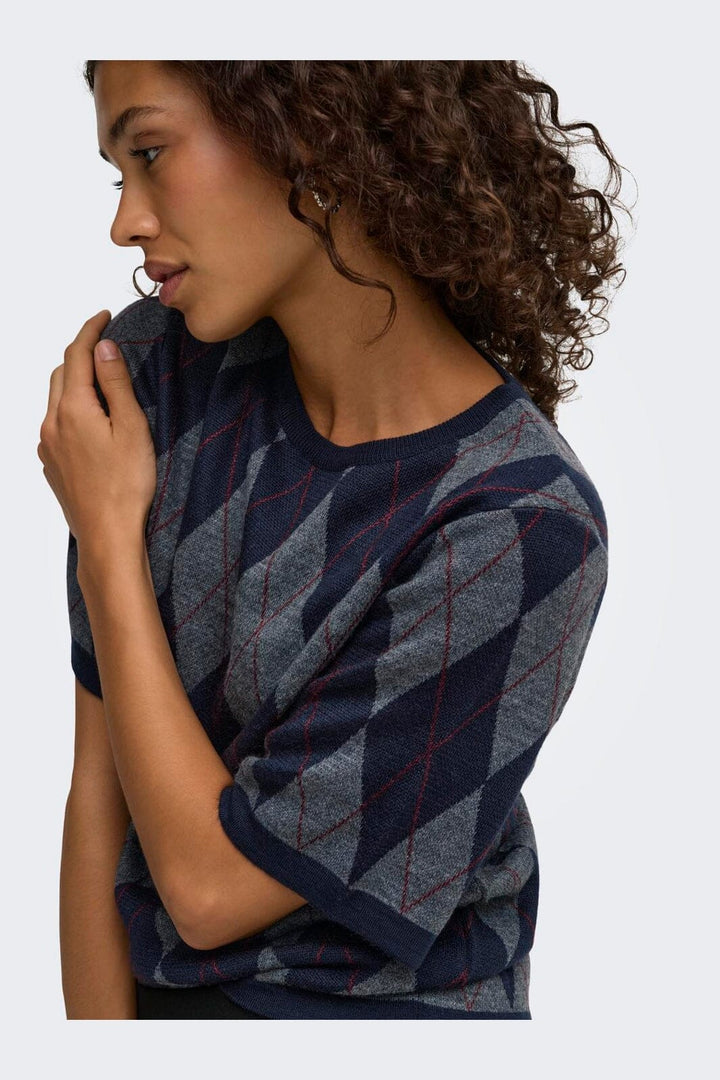 JDY - Jdymaggy S/S Argyle Pullover Knt - 5228787 Smoked Pearl Black Iris & Tibetan Red