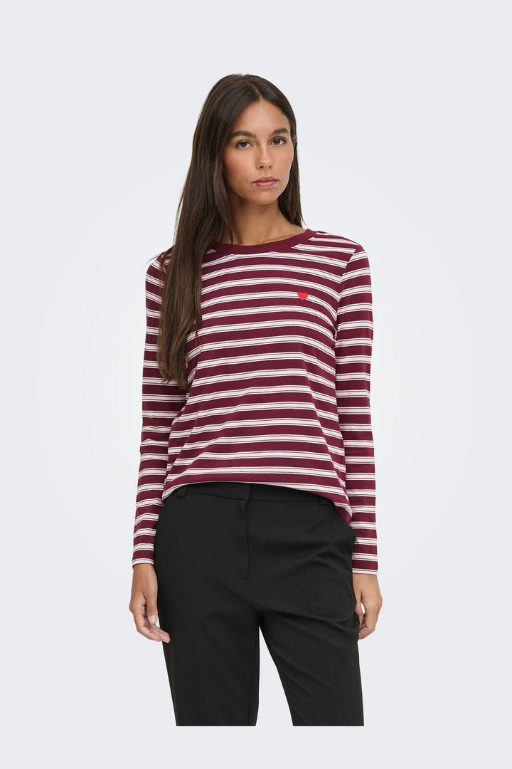 JDY - Jdypisa L/S Print Top - 5212487 Windsor Wine Chelsea Stripe + Bs Heart