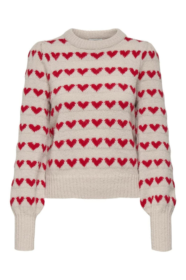 JDY - Jdysigrid Life L/S On Puff Pull Knt - 4815980 Cement W. Mars Red Hearts