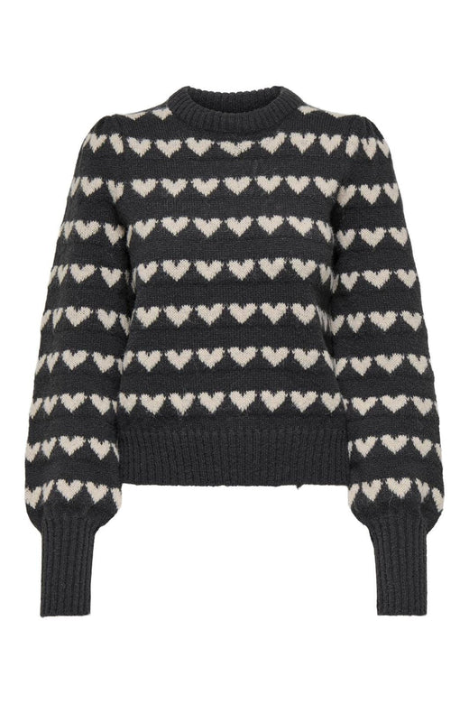 JDY - Jdysigrid Life L/S On Puff Pull Knt - 4816422 Dark Grey Melange W. Cement Hearts