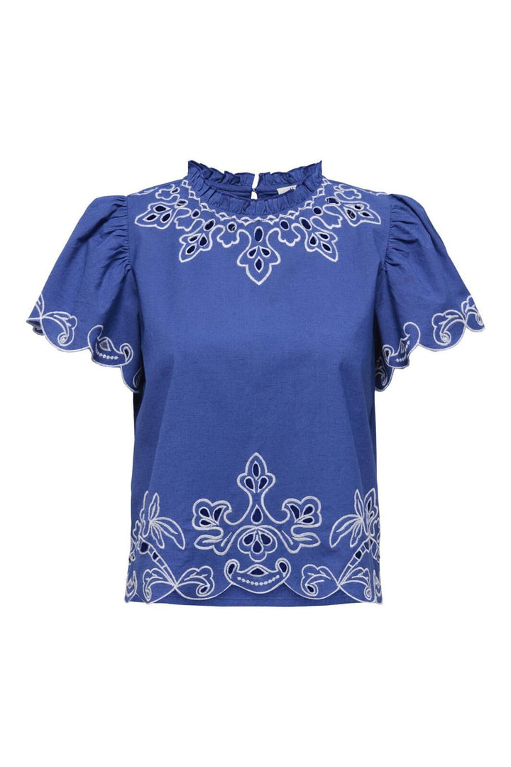 JDY - Jdyvera S/S Embroidery Top - 4938525 Orient Blue W. Embroidery