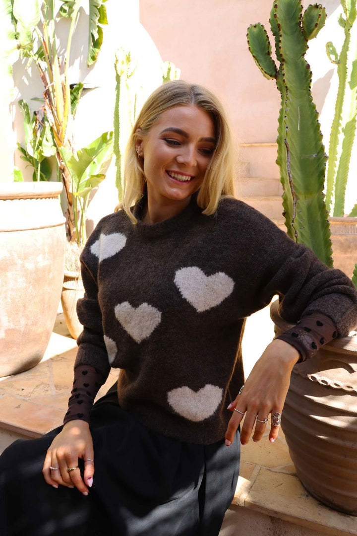 Liberte - Fro Heart Pullover 22259 - Chocolate Ivory Heart Strikbluser 