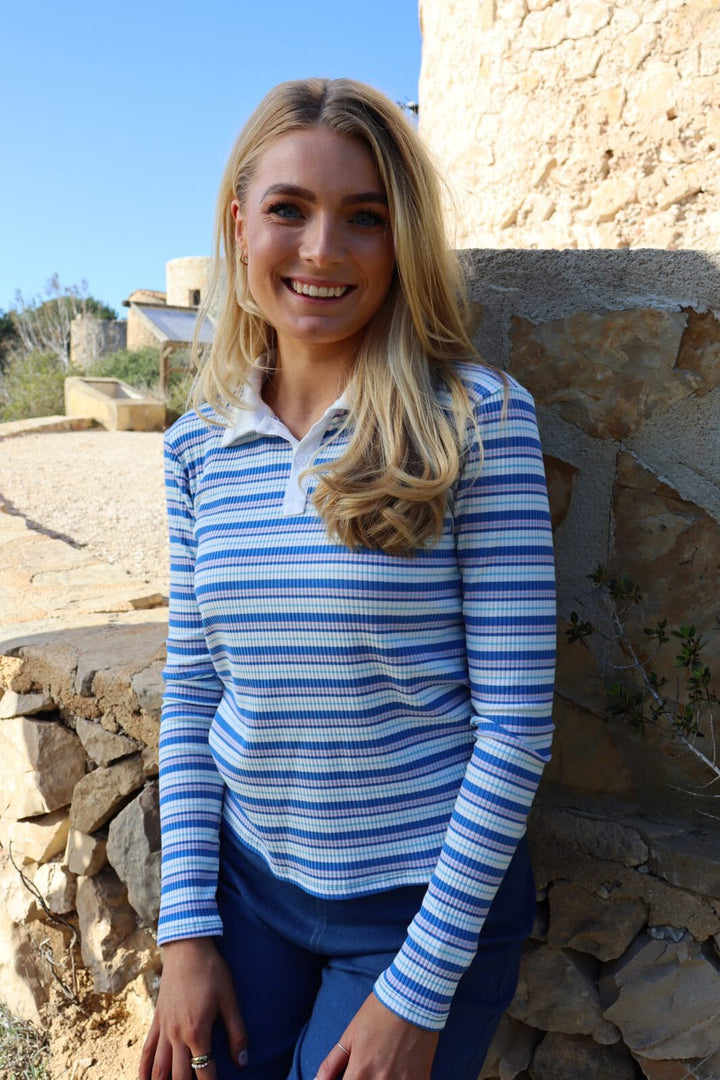 Liberte - Natalia-Ls-Polo-Blouse 22163 - Blue White Rose Stripe