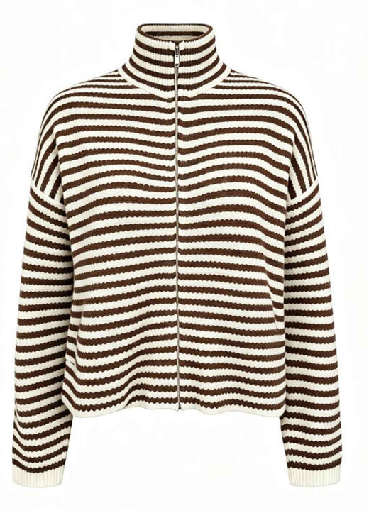 Liberte - Sara Ls Zip Cardigan 22476 - Brown Creme Stripe Cardigans 