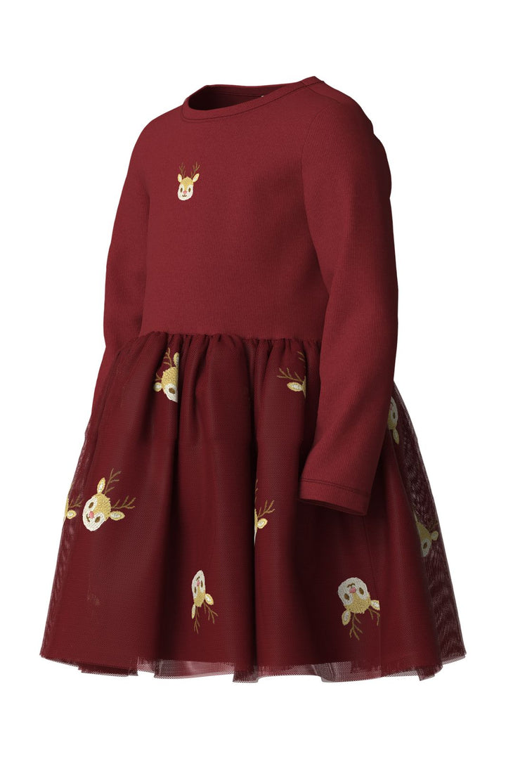 Name It - Nmfveross Ls Tulle Dress - 5127587 Red Dahlia Reindeer
