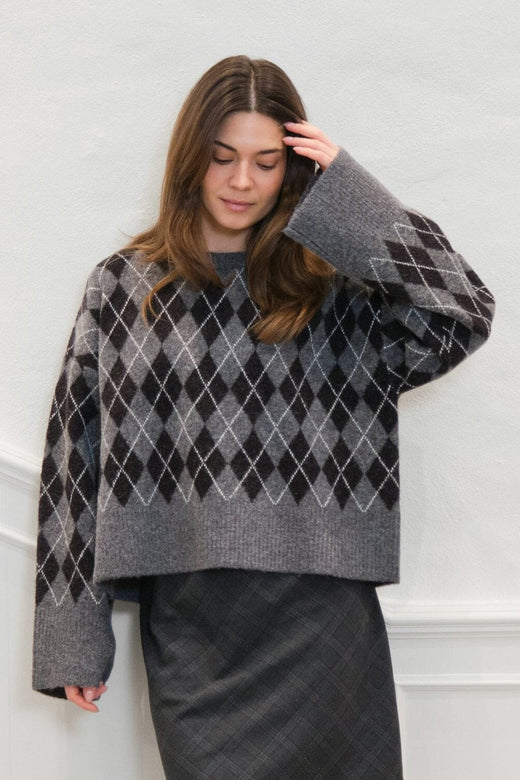 Neo Noir - Kick Check Knit Blouse 165204 - 132 - Antracit Strikbluser 