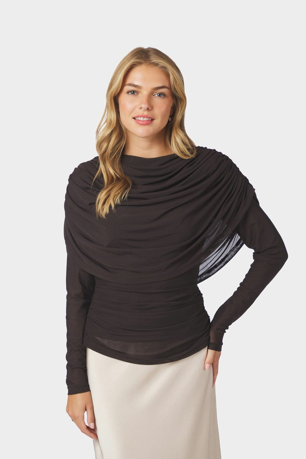 Neo Noir - Lottuna Drapy Mesh Blouse 168042 - 676 - Dark Brown