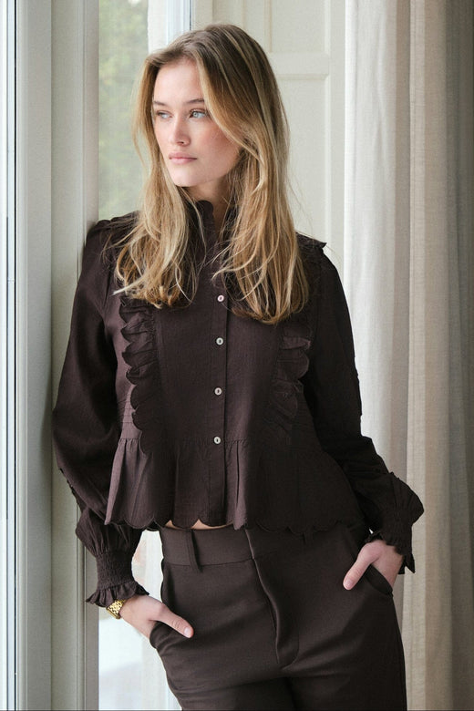 Neo Noir - Petrine Embroidery Blouse 161136 - 676 - Dark Brown Skjorter 