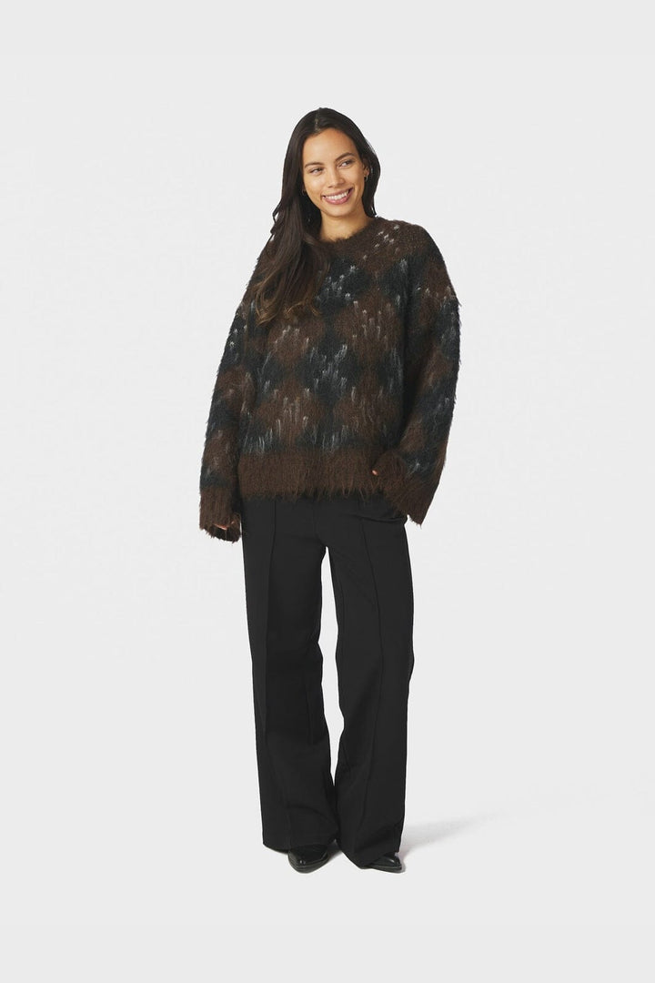 Neo Noir - Roeme Check Fluffy Knit Blouse 168111 - 676 - Dark Brown