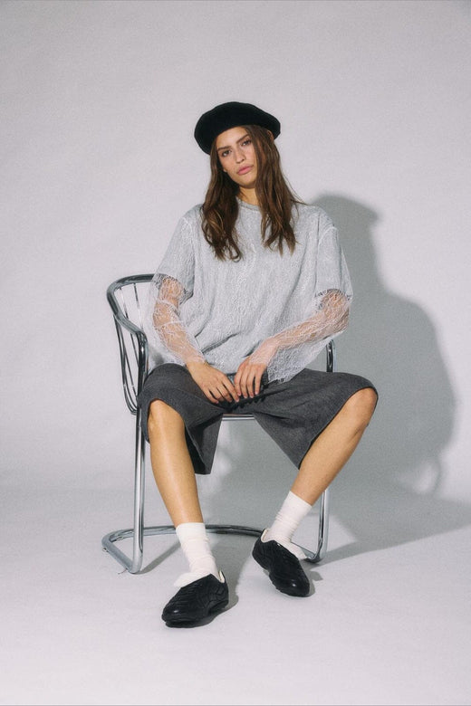 Noisy May - Nmbianka L/S Double Layer Lace Tee - 5123544 Light Grey Melange White Lace