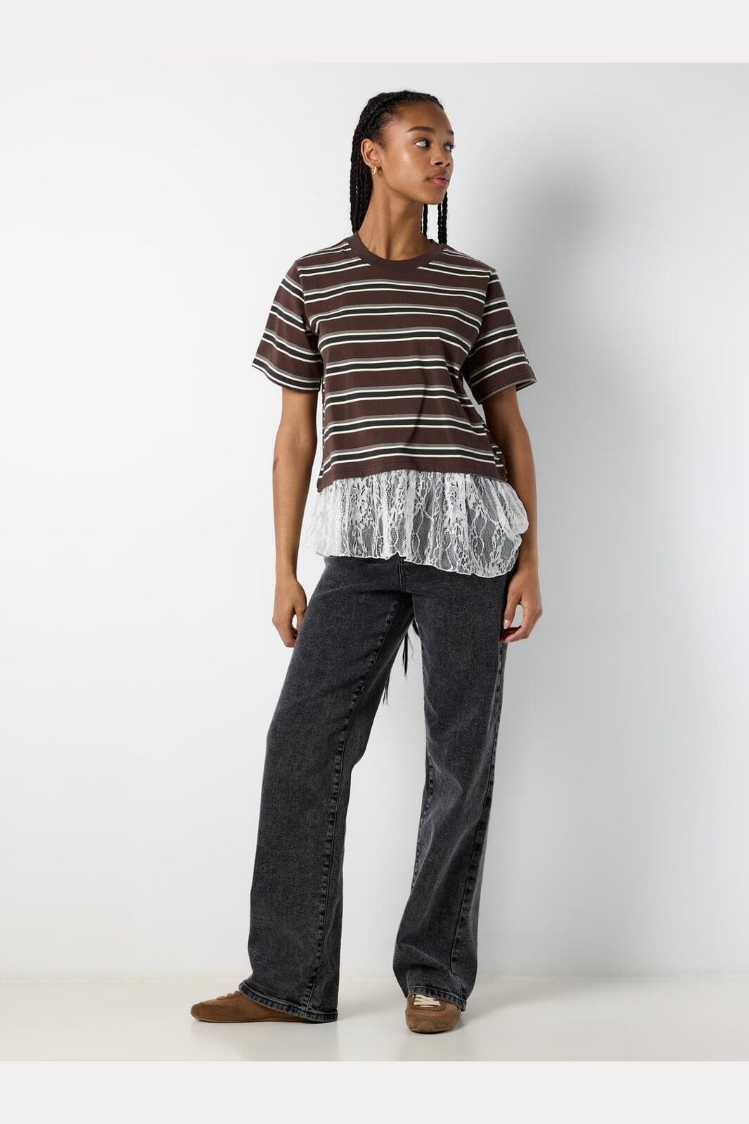 Noisy May - Nmember Ss Stripe Lace Top - 5191149 Chocolate Brown Birch