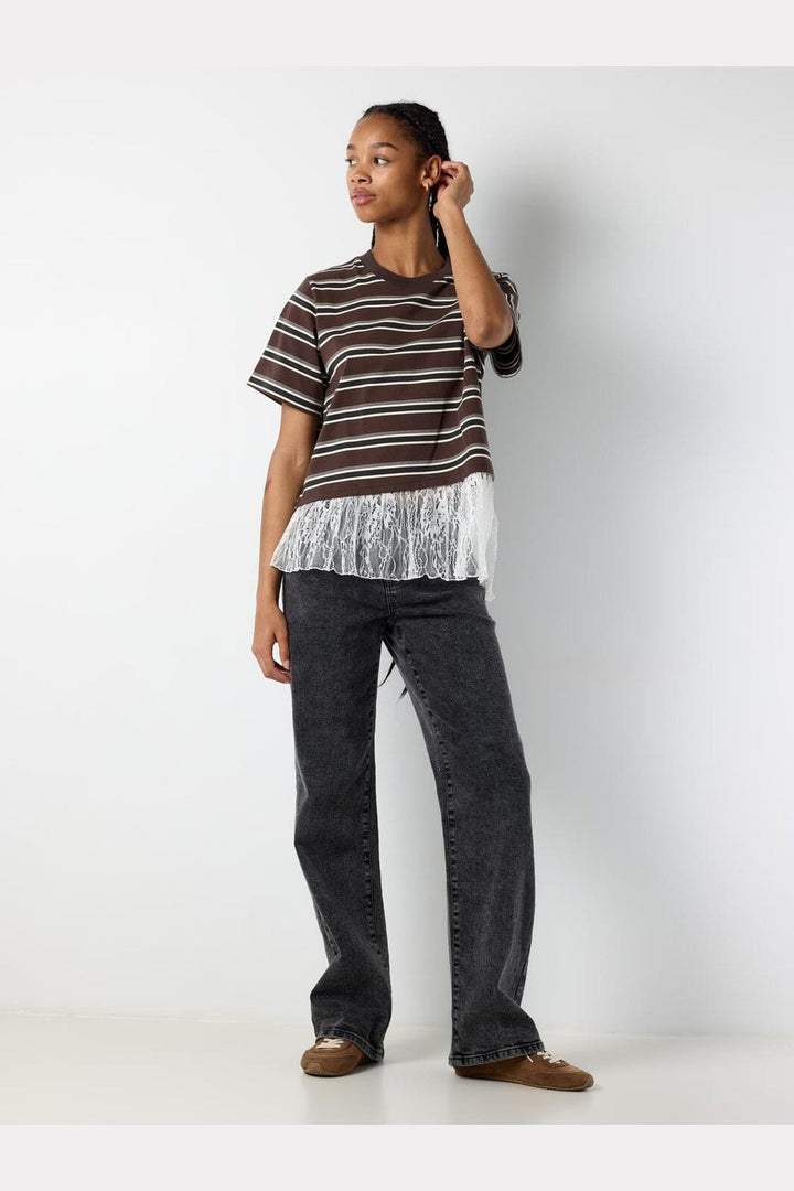 Noisy May - Nmember Ss Stripe Lace Top - 5191149 Chocolate Brown Birch