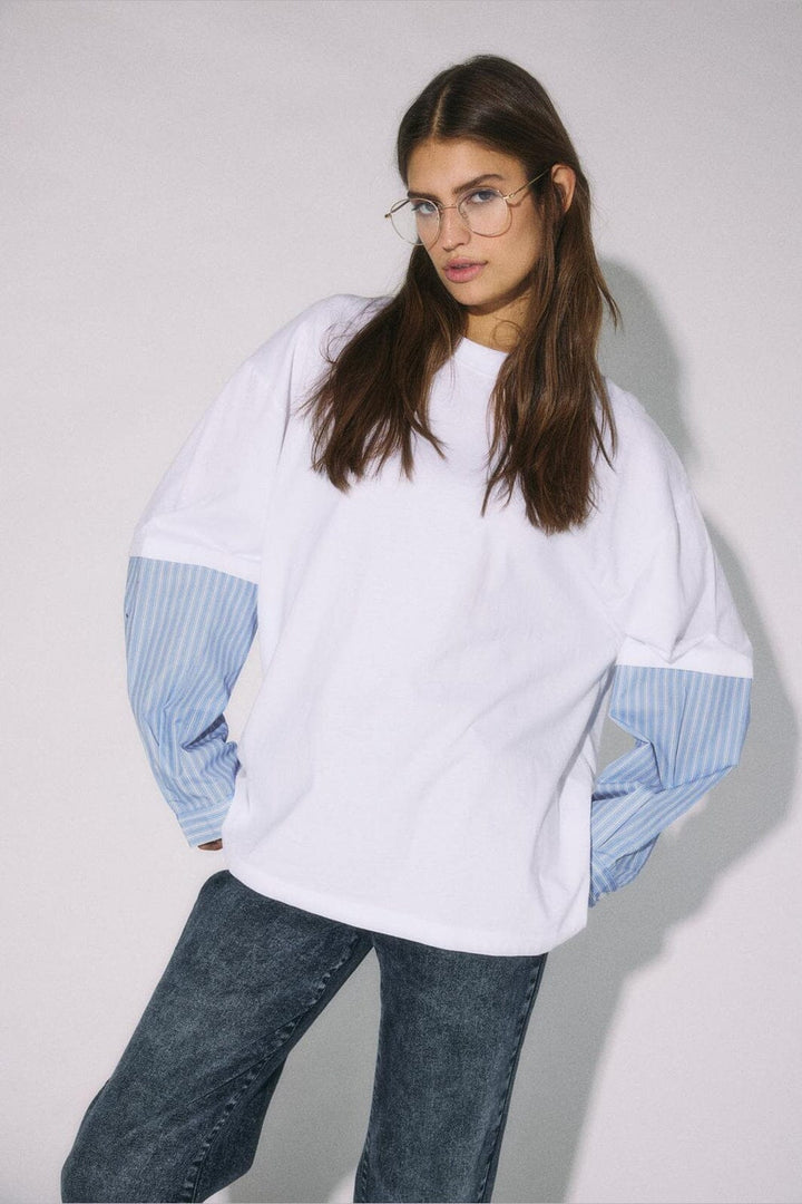 Noisy May - Nmfreja Belle L/S Mix Shirt - 5077861 Bright White Hydrangea Stripe Sleeves