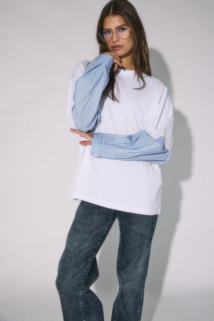 Noisy May - Nmfreja Belle L/S Mix Shirt - 5077861 Bright White Hydrangea Stripe Sleeves