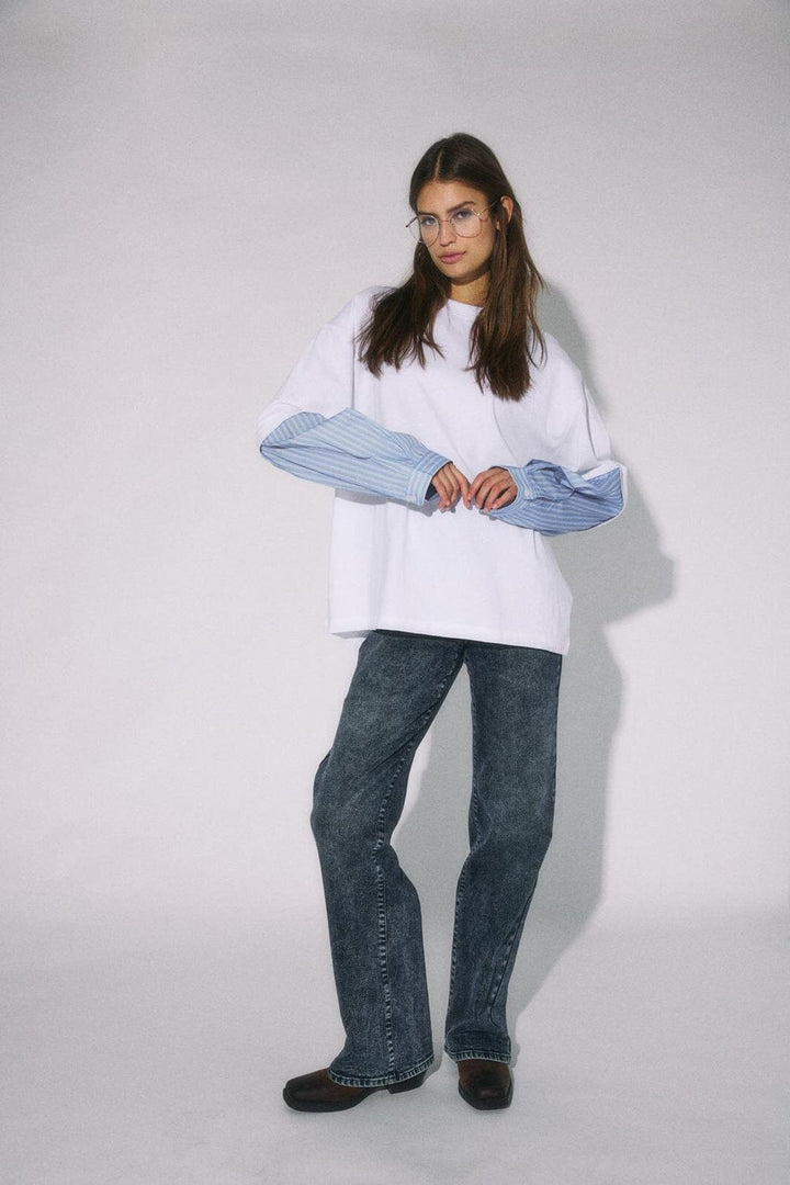 Noisy May - Nmfreja Belle L/S Mix Shirt - 5077861 Bright White Hydrangea Stripe Sleeves