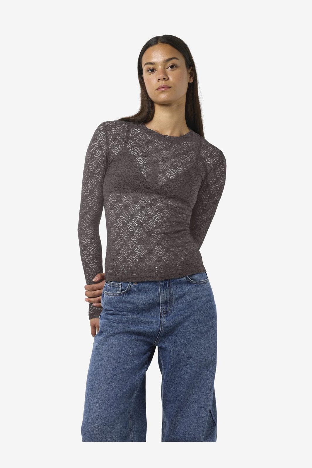 Noisy May - Nmjudith L/S Lace Top - 4793425 Charcoal Gray