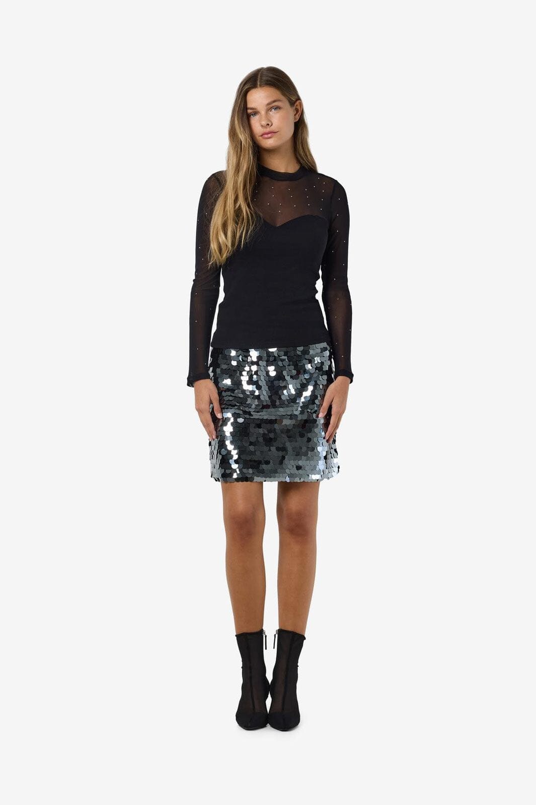 Noisy May - Nmmaya L/S Mix Detail Top - 4652883 Black Stud Mesh W. Stones