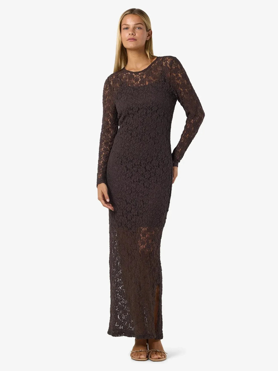 Noisy May - Nmmiriam L/S Maxi Lace Dress - 5064757 Chocolate Brown Kjoler 