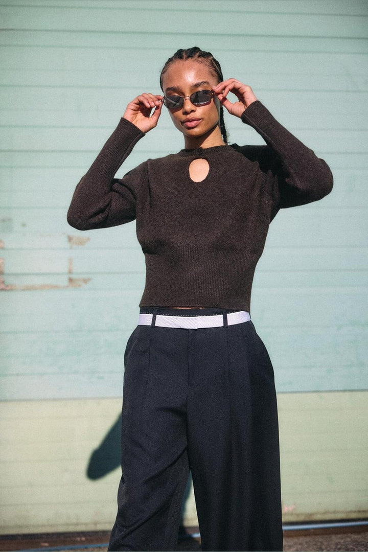 Noisy May - Nmsloan L/S O-Neck Keyhole Knit - 5138502 Chocolate Brown