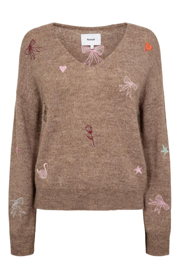 Nümph - Nuyppa Embroidery Pullover 707599 - Taupe Gray Melange Strikbluser 
