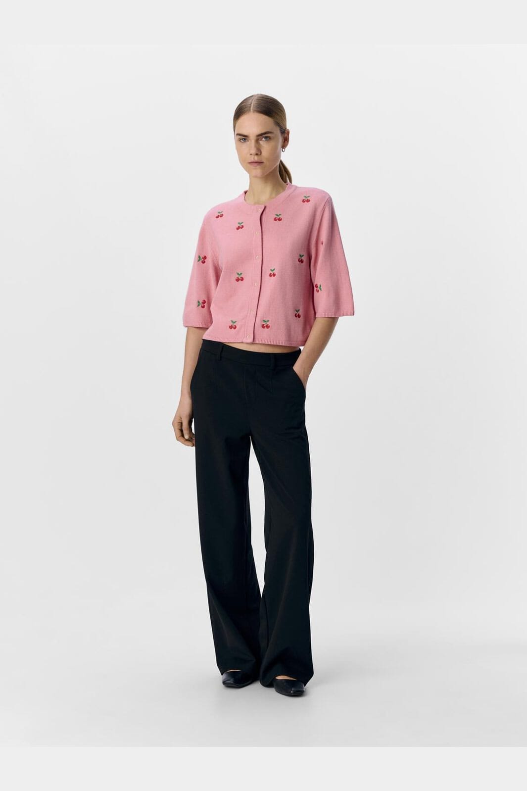 Object - Objthess 3/4 Sleeve Cardigan - 4782513 Rose Elegance Cherry Embroidery
