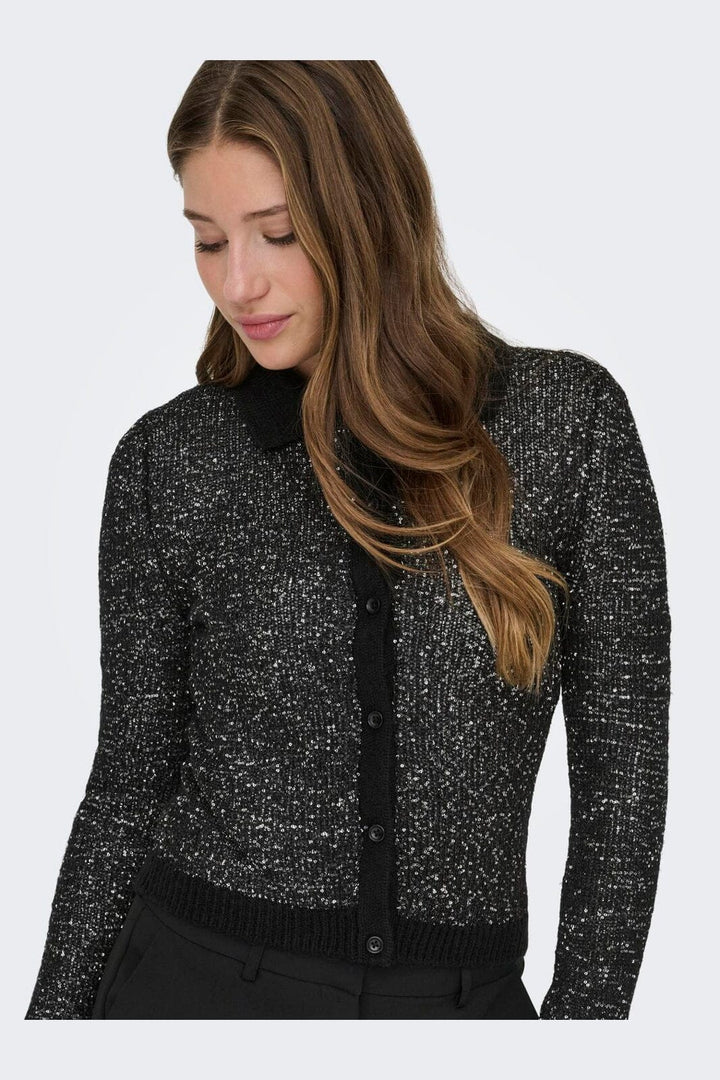 Only - Onlabby Ls Polo Sequins Cardigan Knt - 4958262 Black Silver Sequins