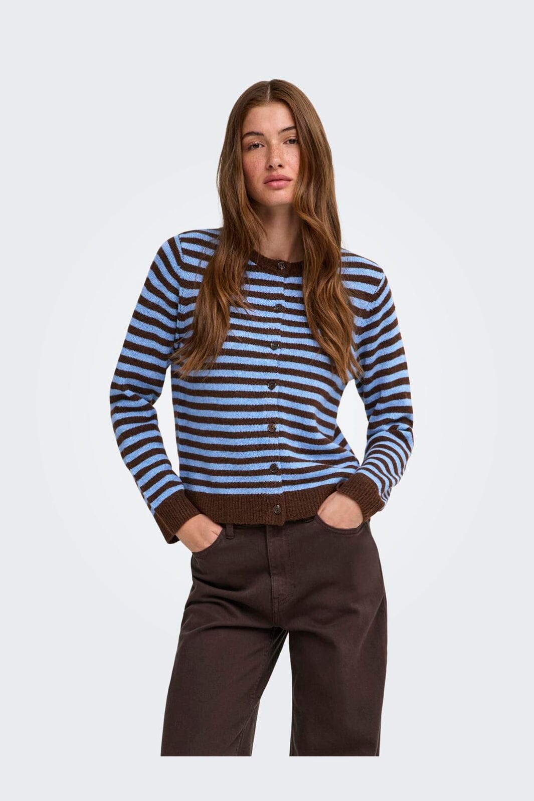 Only - Onlalivia Ls O-Neck Stripe Cardi Knt - 5147496 Coffee Bean Cashmere Blue/Melange