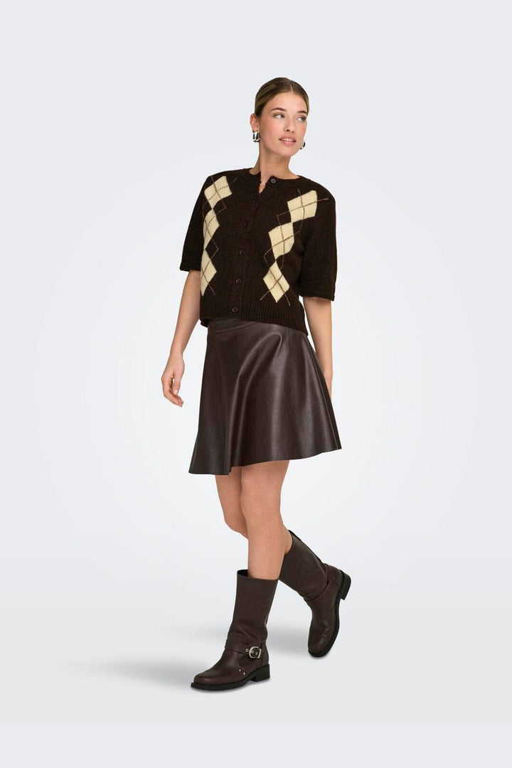 Only - Onlarzi 2/4 Jaq O-Neck Cardigan Knt - 5103942 Coffee Bean Harlequin/Birch/Walnut/Dtm Button