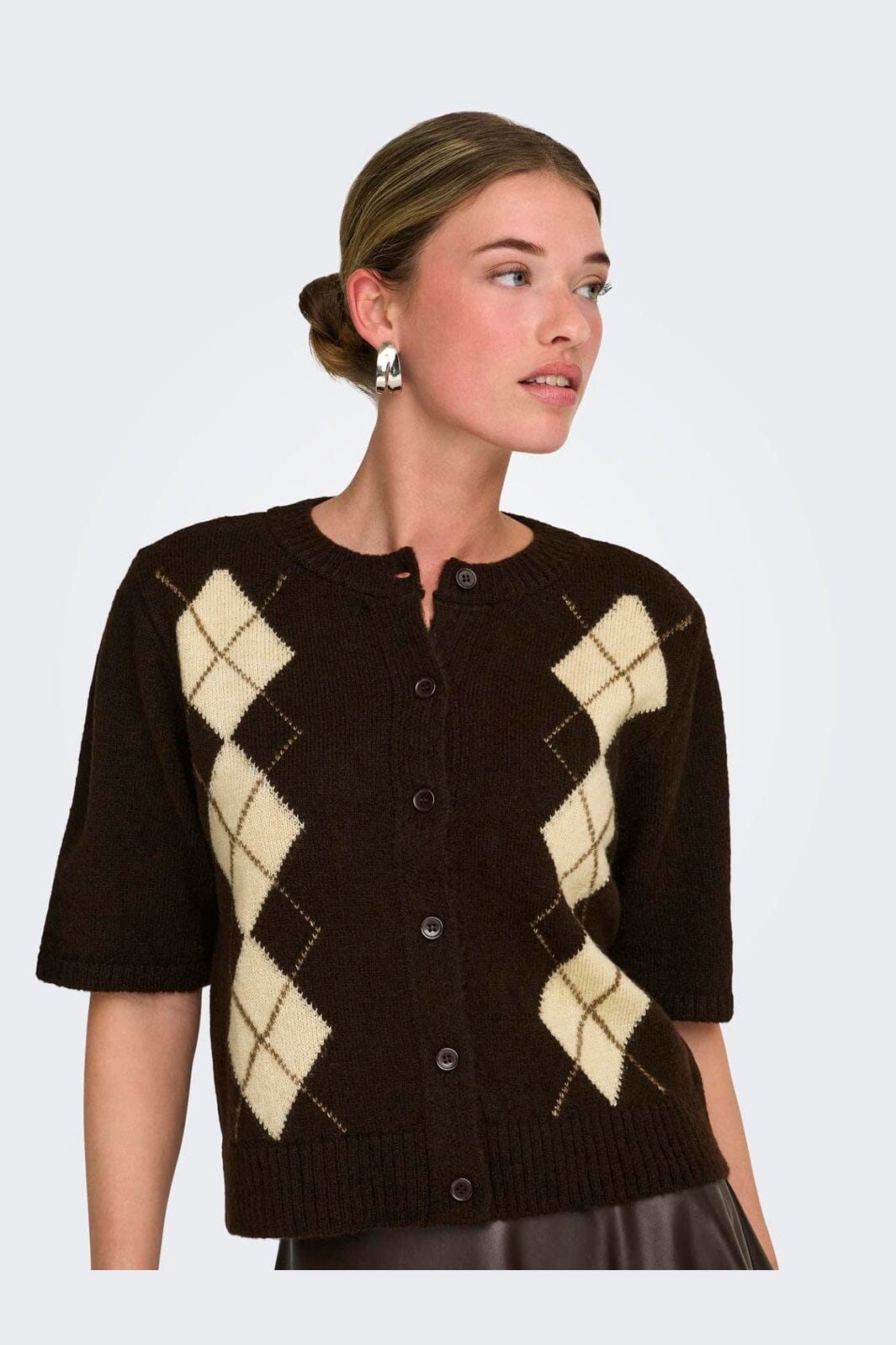 Only - Onlarzi 2/4 Jaq O-Neck Cardigan Knt - 5103942 Coffee Bean Harlequin/Birch/Walnut/Dtm Button