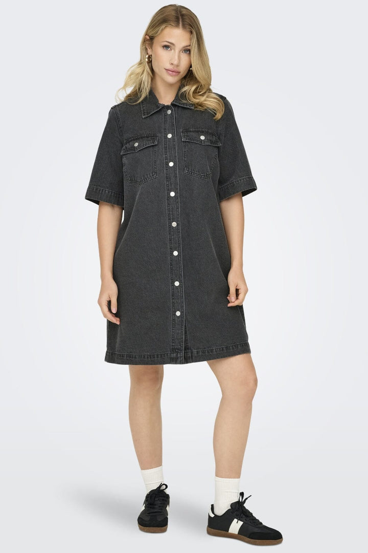 Only - Onlbelle S/S Button Dress Gua - 4717986 Washed Black