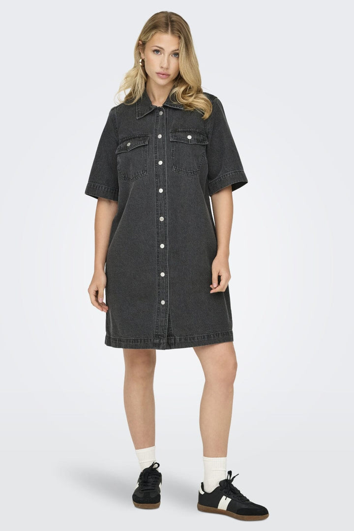 Only - Onlbelle S/S Button Dress Gua - 4717986 Washed Black